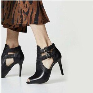 XYD Women Peep Toe Ankle Bootie High Heels Buckled Double Straps Cutout Black